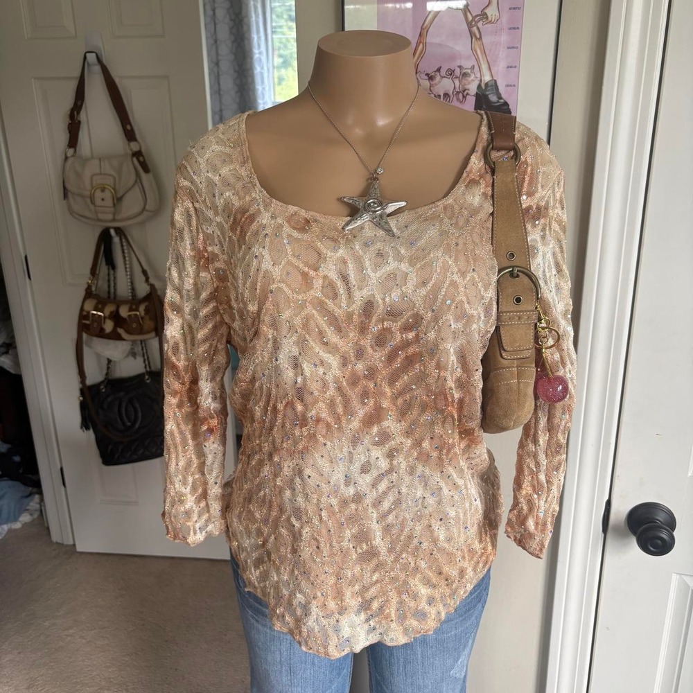 y2k 2000s tan animal print sequin embellished shimmer knit top